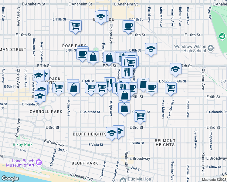 map of restaurants, bars, coffee shops, grocery stores, and more near 3124 East 5th Street in Long Beach