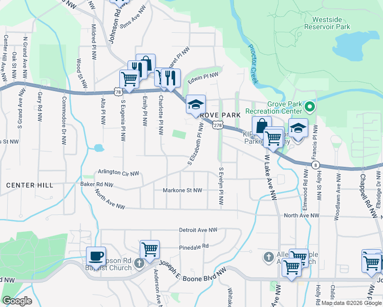 map of restaurants, bars, coffee shops, grocery stores, and more near 630 South Elizabeth Place Northwest in Atlanta