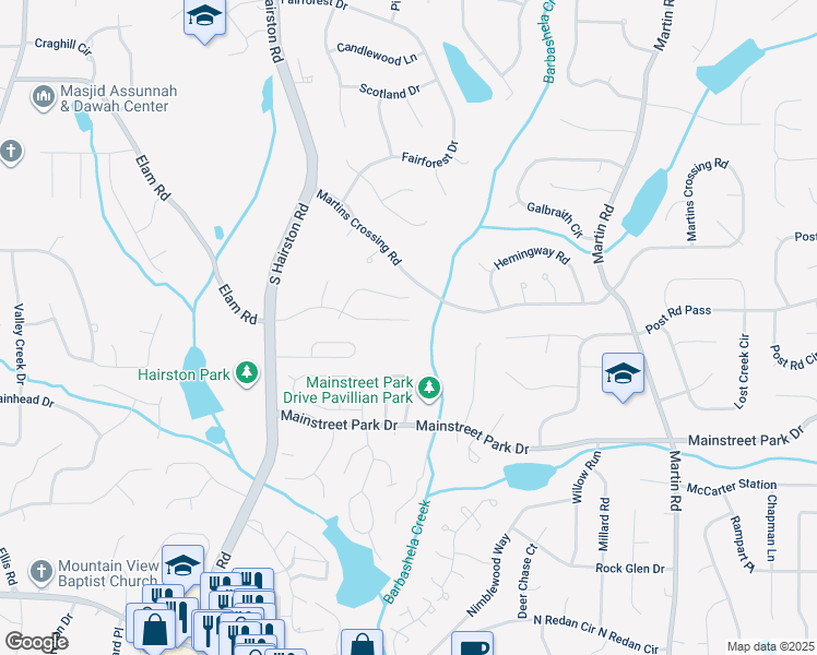 map of restaurants, bars, coffee shops, grocery stores, and more near 4899 Hairston Place in Stone Mountain