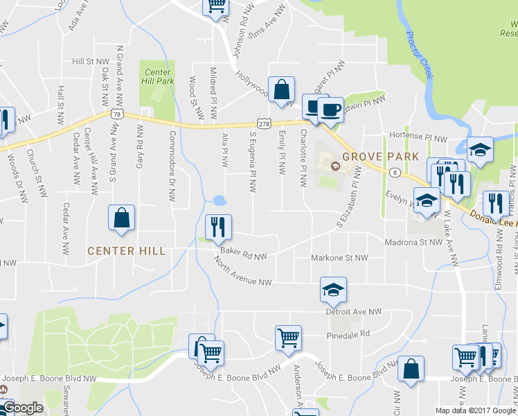 map of restaurants, bars, coffee shops, grocery stores, and more near 631 South Eugenia Place Northwest in Atlanta