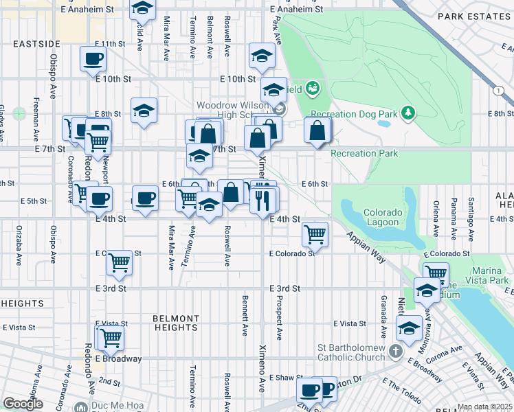 map of restaurants, bars, coffee shops, grocery stores, and more near 445 Ximeno Avenue in Long Beach