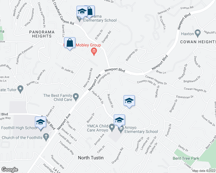 map of restaurants, bars, coffee shops, grocery stores, and more near 1082 Bradcliff Drive in Santa Ana