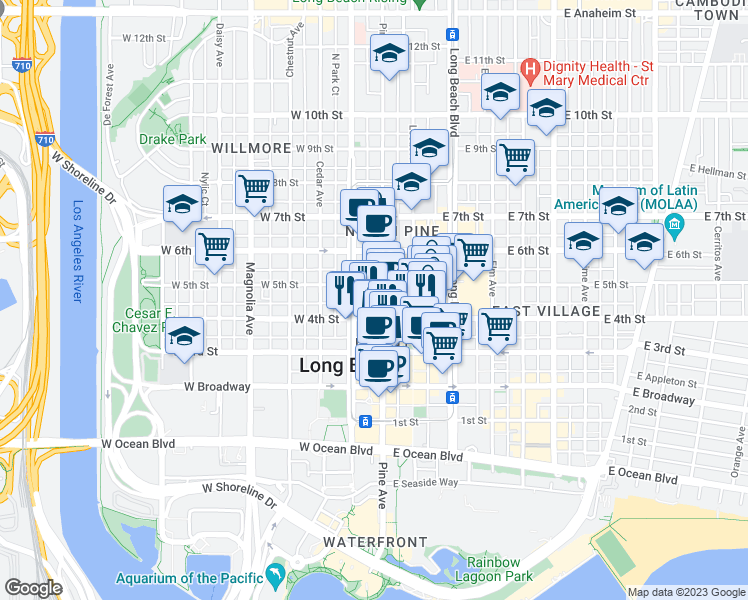 map of restaurants, bars, coffee shops, grocery stores, and more near 433 Pine Avenue in Long Beach