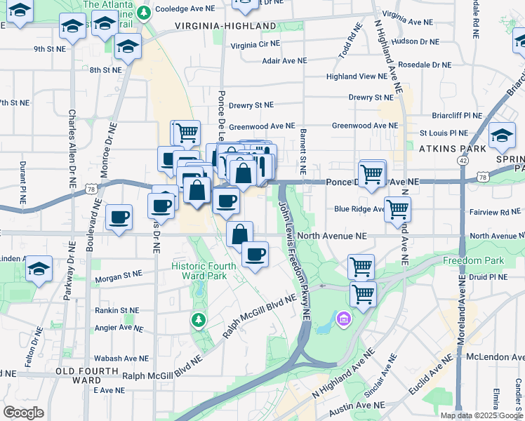 map of restaurants, bars, coffee shops, grocery stores, and more near 656 Bonaventure Avenue Northeast in Atlanta