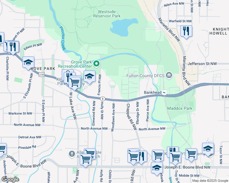 map of restaurants, bars, coffee shops, grocery stores, and more near 641 Elinor Place Northwest in Atlanta