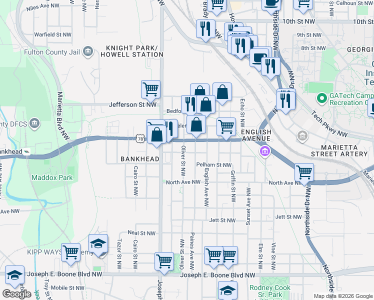 map of restaurants, bars, coffee shops, grocery stores, and more near 847 Fox Street Northwest in Atlanta