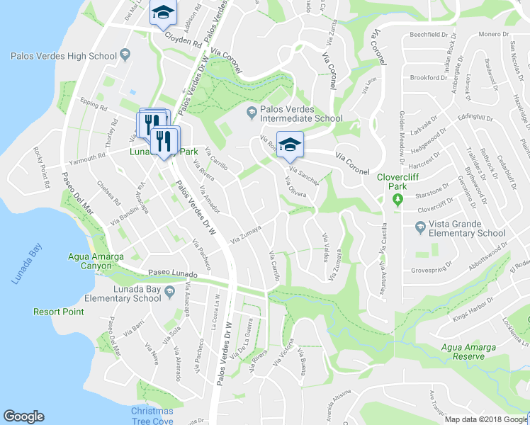 map of restaurants, bars, coffee shops, grocery stores, and more near 1016 Vía Palestra in Palos Verdes Estates