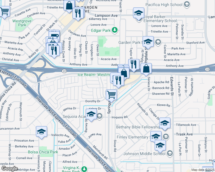 map of restaurants, bars, coffee shops, grocery stores, and more near 13100 Melanie Lane in Westminster