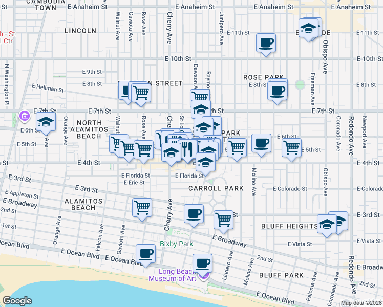 map of restaurants, bars, coffee shops, grocery stores, and more near 431 Dawson Avenue in Long Beach