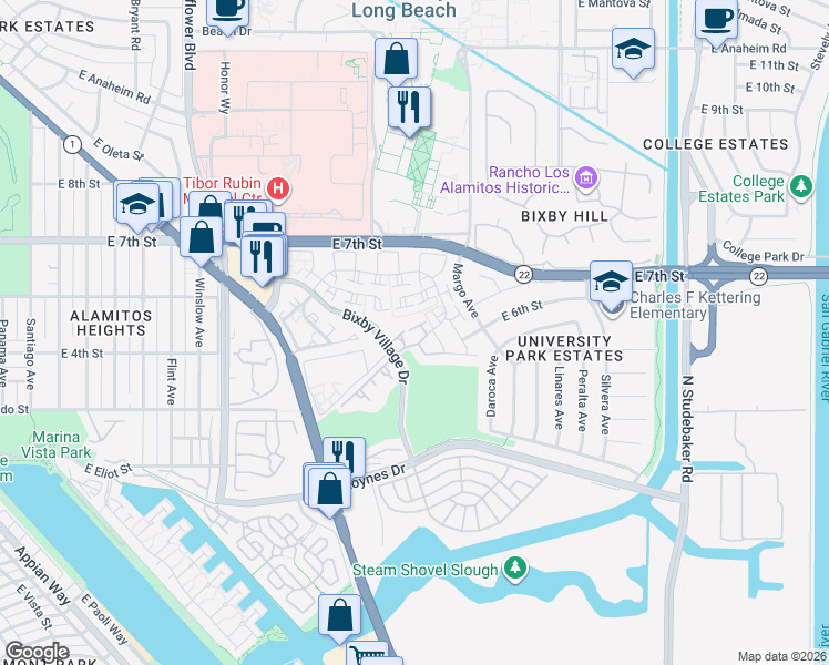 map of restaurants, bars, coffee shops, grocery stores, and more near in Long Beach