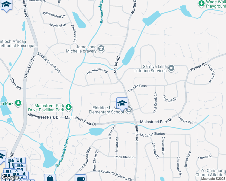 map of restaurants, bars, coffee shops, grocery stores, and more near 5056 Post Road Pass in Stone Mountain