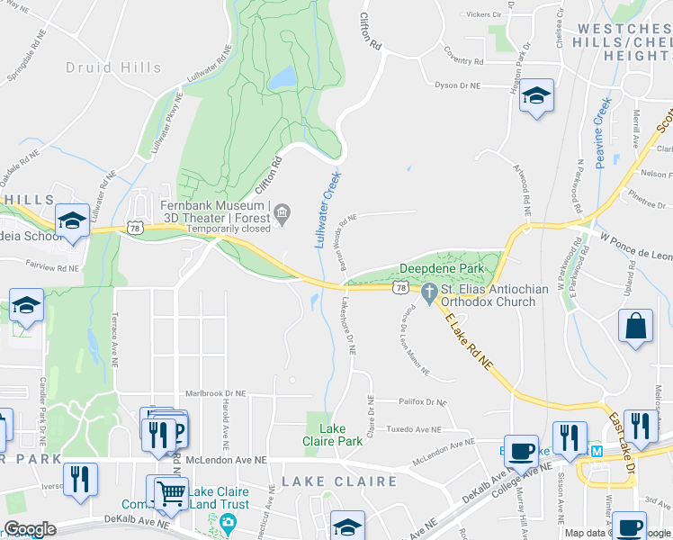 map of restaurants, bars, coffee shops, grocery stores, and more near 838 Barton Woods Road Northeast in Atlanta