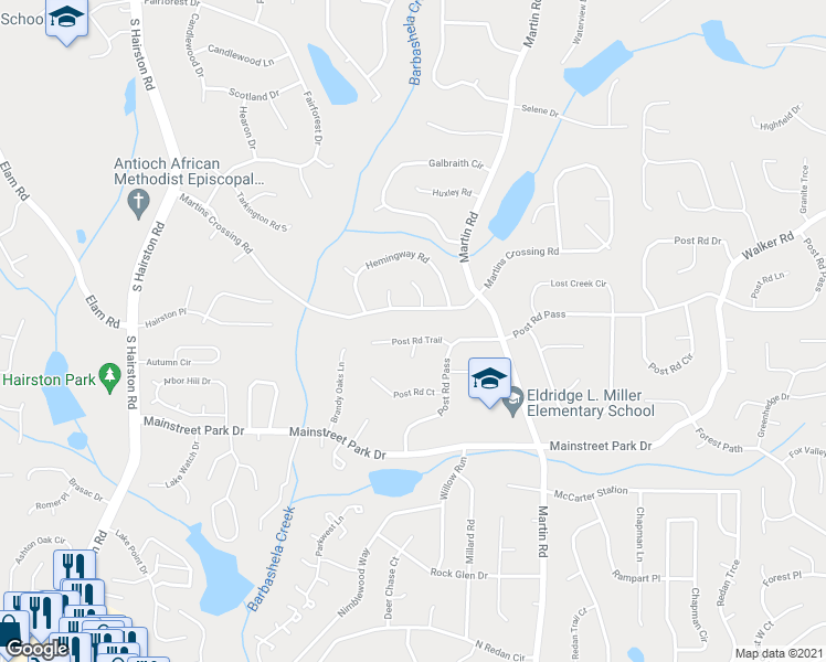 map of restaurants, bars, coffee shops, grocery stores, and more near 5066 Post Road Trail in Stone Mountain