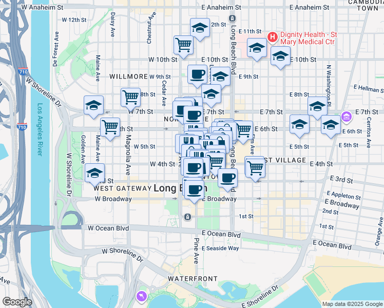 map of restaurants, bars, coffee shops, grocery stores, and more near 433 Pine Avenue in Long Beach