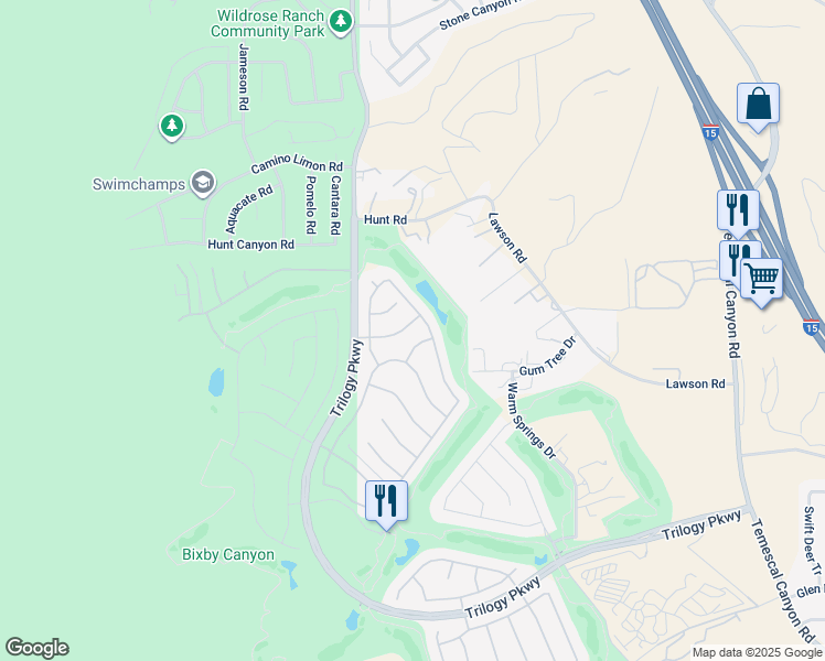 map of restaurants, bars, coffee shops, grocery stores, and more near 9123 Deergrass Street in Corona