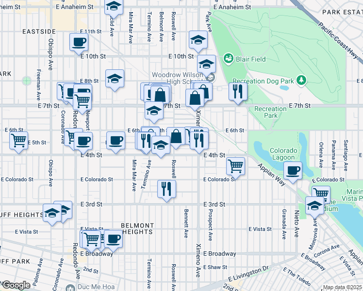 map of restaurants, bars, coffee shops, grocery stores, and more near 4228 East 5th Street in Long Beach
