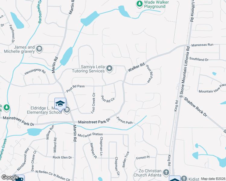 map of restaurants, bars, coffee shops, grocery stores, and more near 5266 Post Ridge Court in Stone Mountain