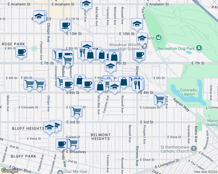 map of restaurants, bars, coffee shops, grocery stores, and more near 433 Termino Avenue in Long Beach