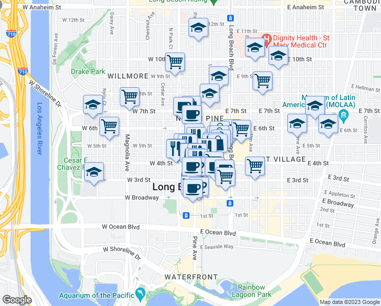 map of restaurants, bars, coffee shops, grocery stores, and more near 433 Pine Avenue in Long Beach