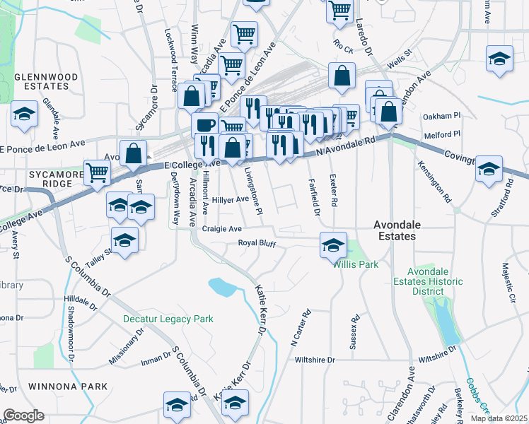 map of restaurants, bars, coffee shops, grocery stores, and more near 845 Twin Oaks Drive in Decatur