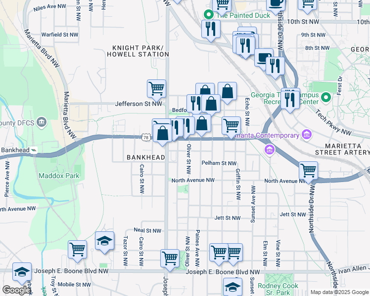 map of restaurants, bars, coffee shops, grocery stores, and more near 851 Fox Street Northwest in Atlanta