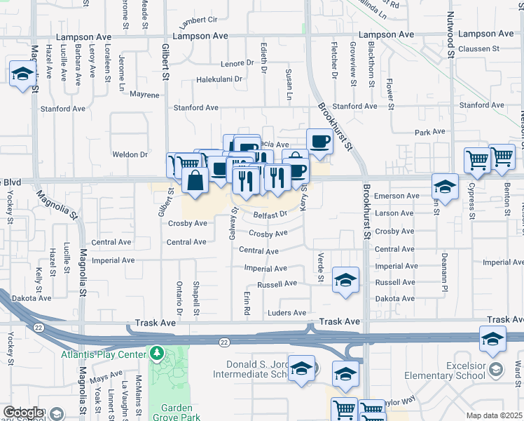 map of restaurants, bars, coffee shops, grocery stores, and more near 9791 Belfast Drive in Garden Grove