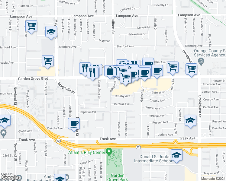 map of restaurants, bars, coffee shops, grocery stores, and more near 13091 Gilbert Street in Garden Grove
