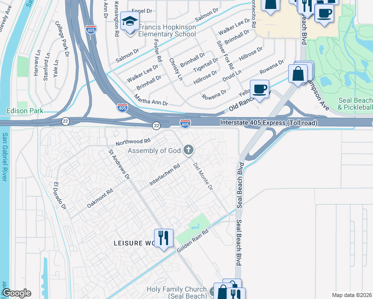 map of restaurants, bars, coffee shops, grocery stores, and more near 1780 Saint John Road in Seal Beach