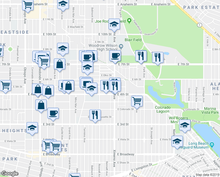 map of restaurants, bars, coffee shops, grocery stores, and more near 440 Ximeno Avenue in Long Beach