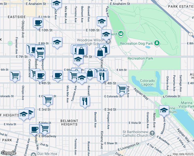 map of restaurants, bars, coffee shops, grocery stores, and more near 4228 East 5th Street in Long Beach