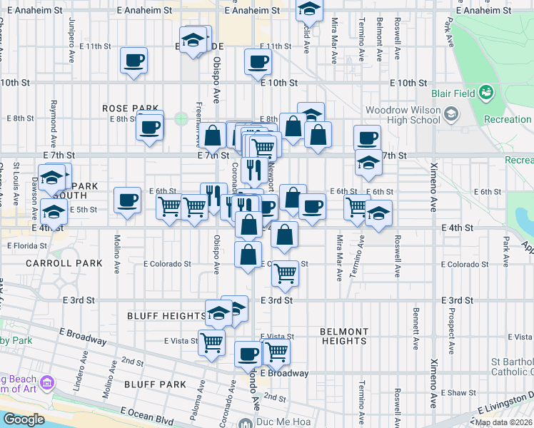 map of restaurants, bars, coffee shops, grocery stores, and more near 440 Redondo Avenue in Long Beach