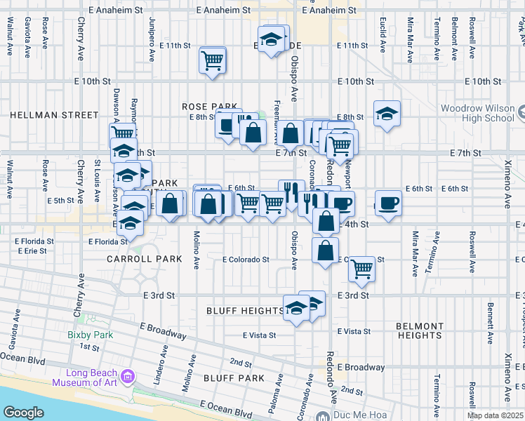 map of restaurants, bars, coffee shops, grocery stores, and more near 3010 East 5th Street in Long Beach