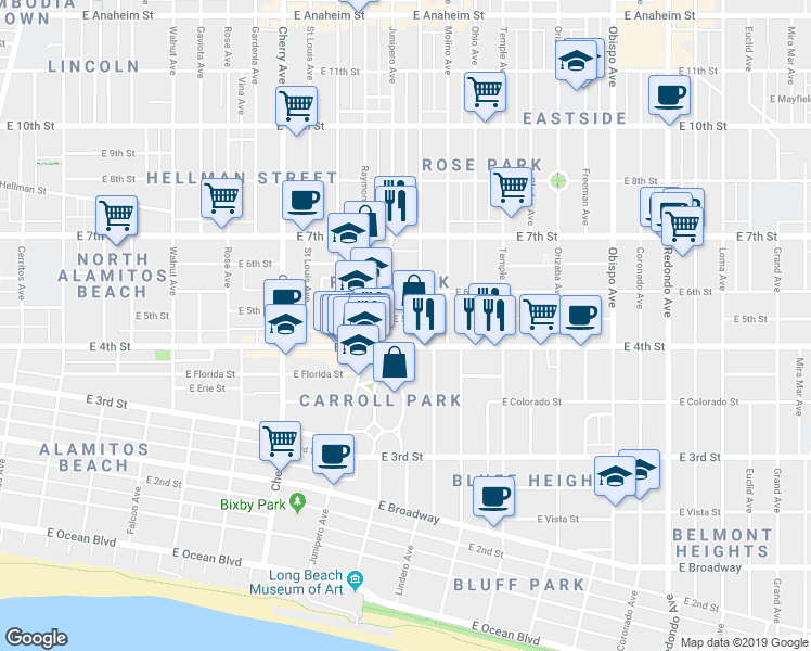 map of restaurants, bars, coffee shops, grocery stores, and more near 2444 East 5th Street in Long Beach