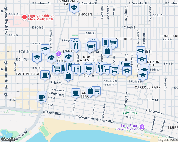 map of restaurants, bars, coffee shops, grocery stores, and more near 446 Almond Avenue in Long Beach