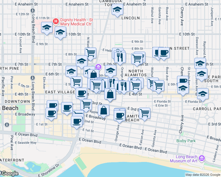 map of restaurants, bars, coffee shops, grocery stores, and more near 438 1/2 Cerritos Avenue in Long Beach