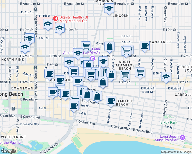 map of restaurants, bars, coffee shops, grocery stores, and more near in Long Beach