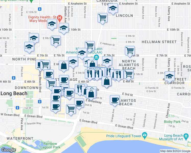 map of restaurants, bars, coffee shops, grocery stores, and more near 438 Zona Court in Long Beach