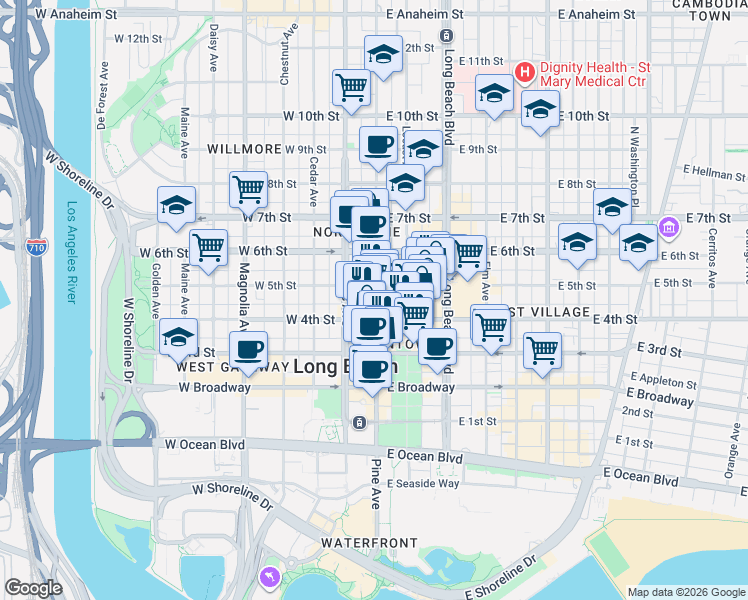 map of restaurants, bars, coffee shops, grocery stores, and more near in Long Beach