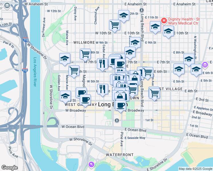 map of restaurants, bars, coffee shops, grocery stores, and more near 423 Pacific Avenue in Long Beach