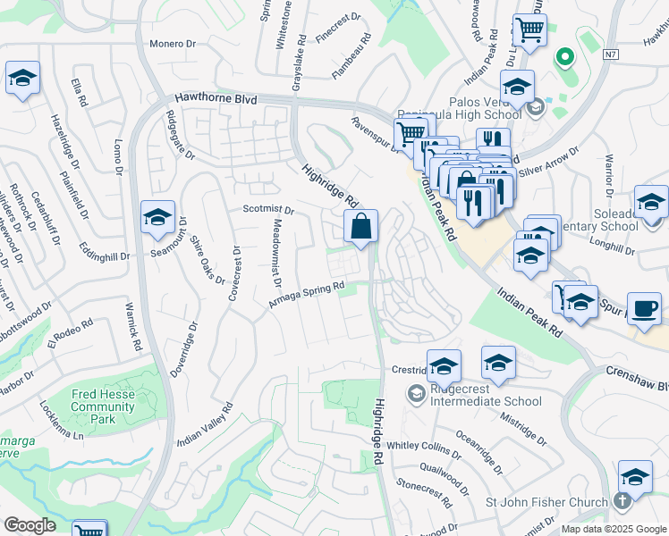 map of restaurants, bars, coffee shops, grocery stores, and more near 5945 Ayde Lane in Rancho Palos Verdes