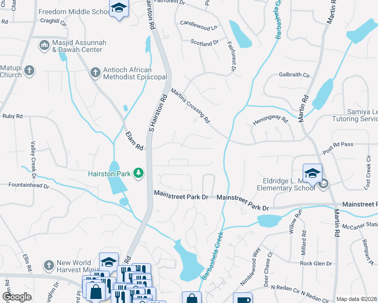 map of restaurants, bars, coffee shops, grocery stores, and more near 4863 Hairston Place in Stone Mountain