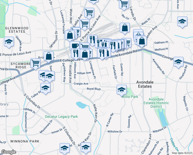 map of restaurants, bars, coffee shops, grocery stores, and more near 845 Twin Oaks Drive in Decatur