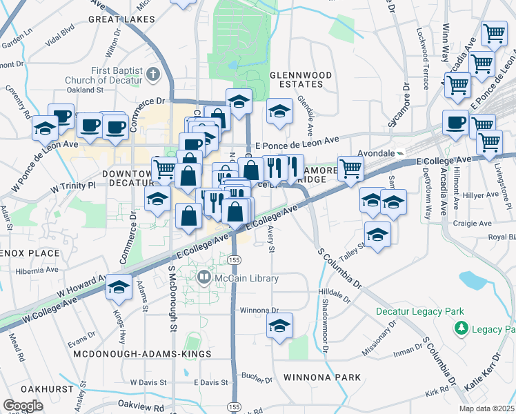 map of restaurants, bars, coffee shops, grocery stores, and more near 422 East Howard Avenue in Decatur