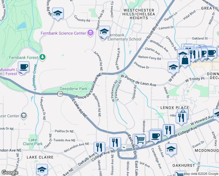 map of restaurants, bars, coffee shops, grocery stores, and more near 464 West Parkwood Road in Decatur