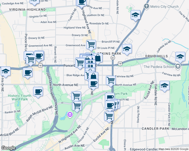 map of restaurants, bars, coffee shops, grocery stores, and more near in Atlanta