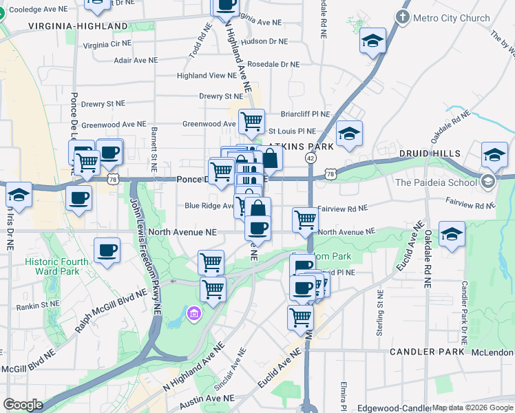 map of restaurants, bars, coffee shops, grocery stores, and more near in Atlanta