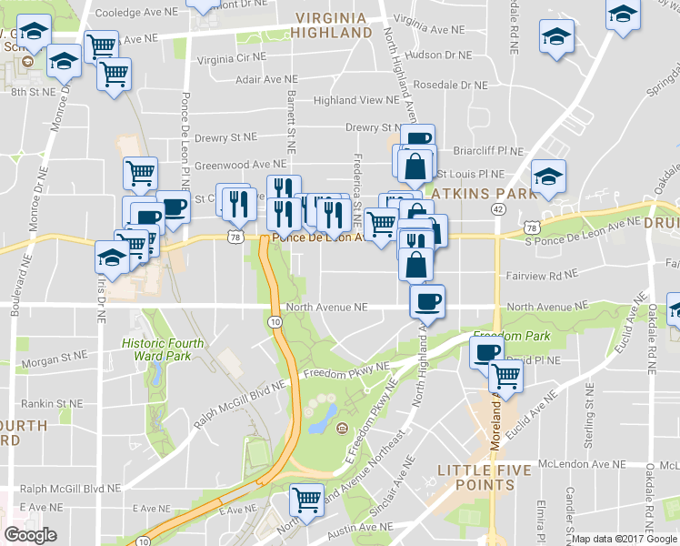 map of restaurants, bars, coffee shops, grocery stores, and more near 663 Linwood Avenue Northeast in Atlanta