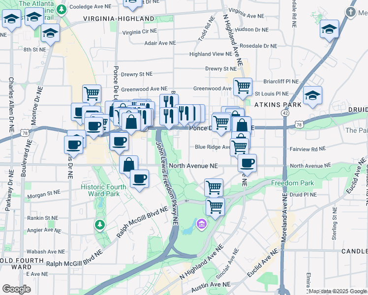 map of restaurants, bars, coffee shops, grocery stores, and more near 652 Barnett Street Northeast in Atlanta