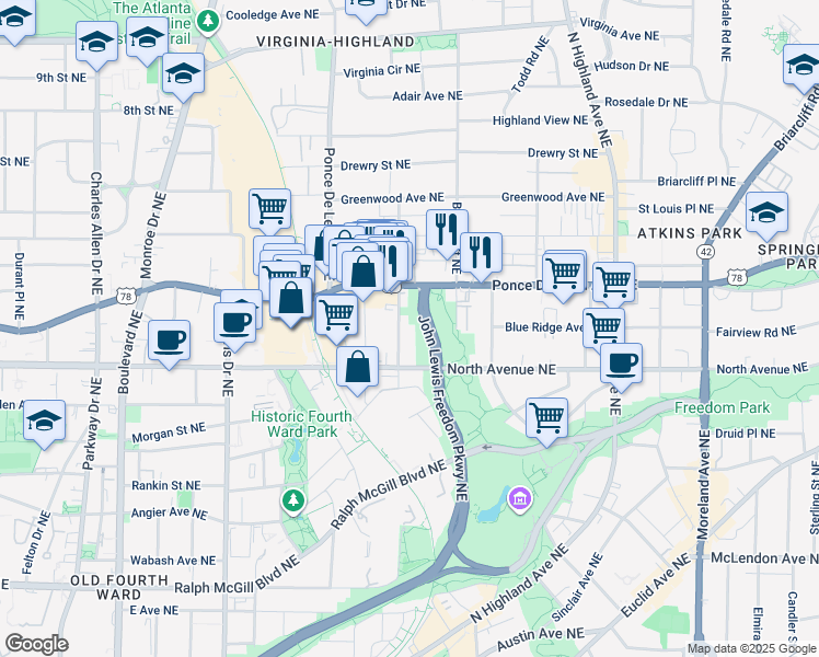 map of restaurants, bars, coffee shops, grocery stores, and more near 653 Bonaventure Avenue Northeast in Atlanta