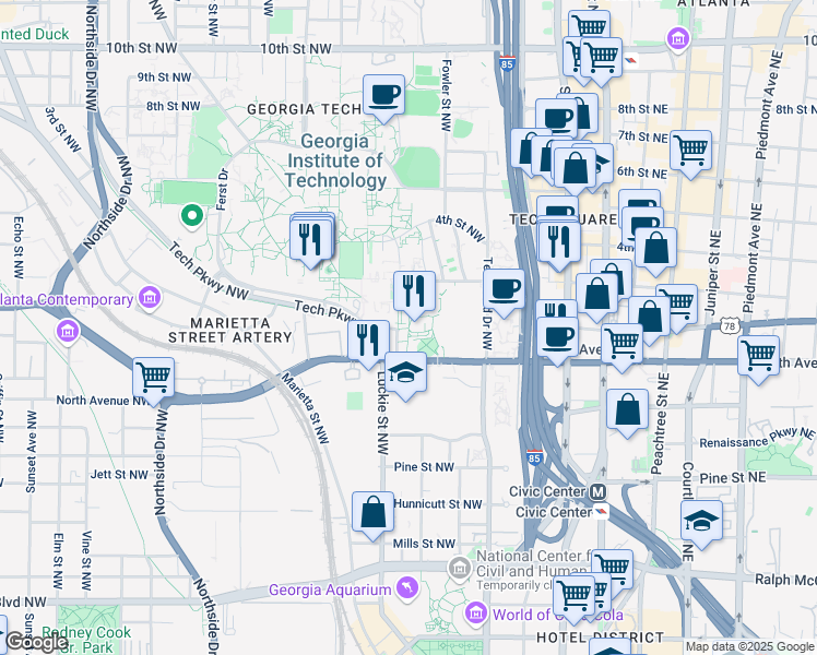 map of restaurants, bars, coffee shops, grocery stores, and more near 224 Uncle Heinie Way Northwest in Atlanta
